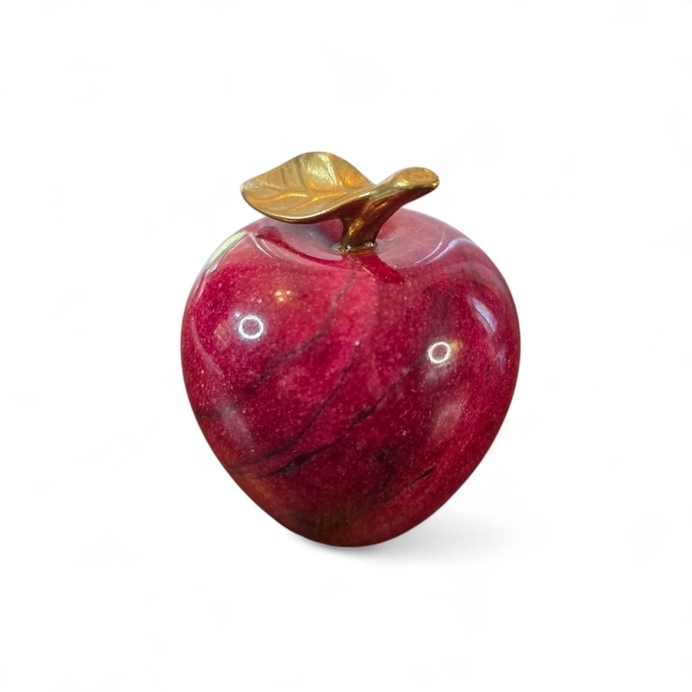 Vintage Polished Red Alabaster Marble Apple Paperweight with Brass Leaf Stem
